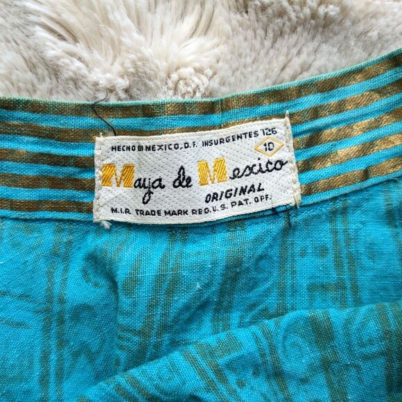 1950s MAYA de MEXICO Mayan Hieroglyph Hand Painted Aqua/Gold Circle Skirt sz. XS - Picture 4 of 14